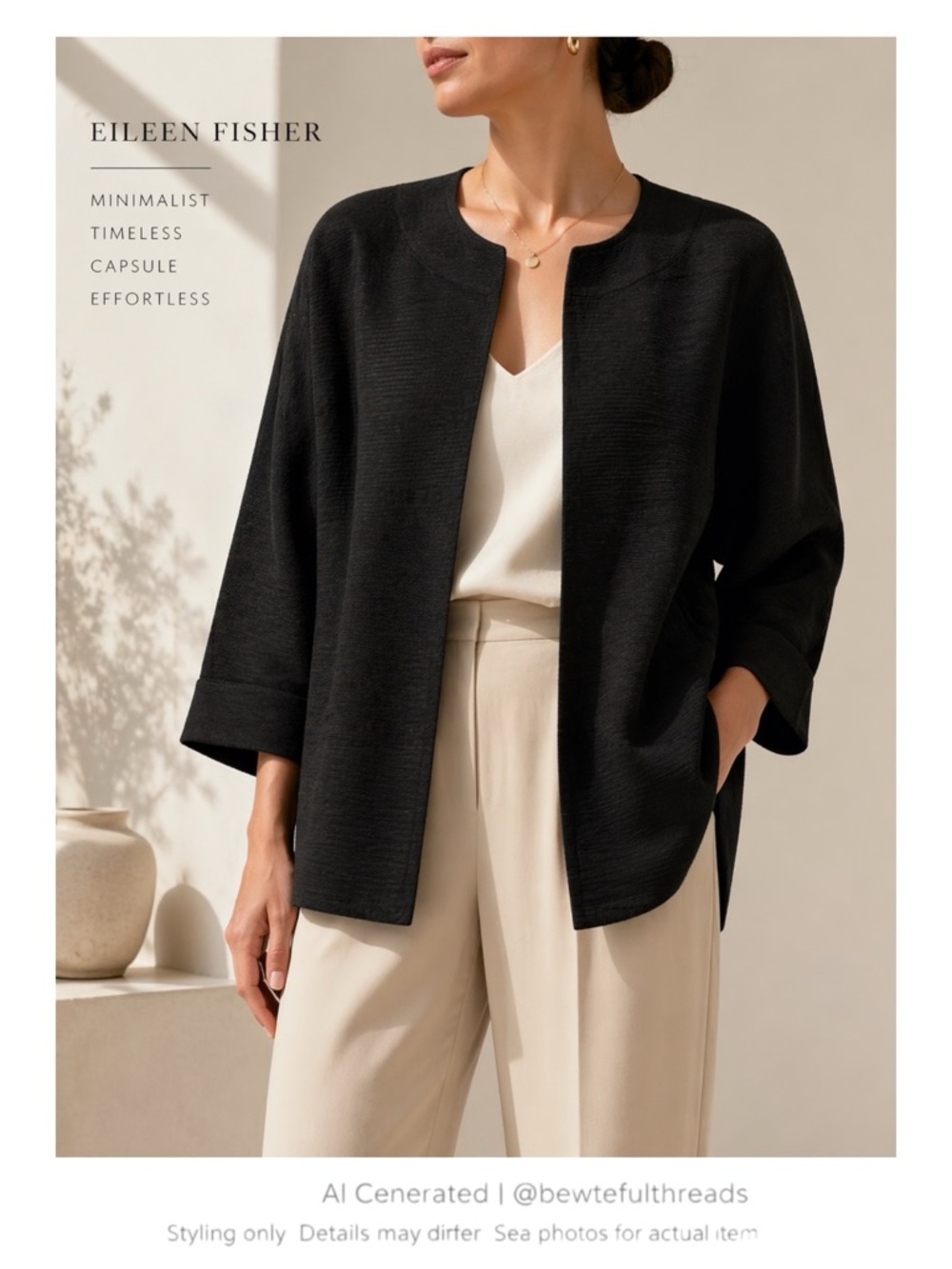 Black Textured Cotton Blend Open Jacket Minimalist Capsule Layer